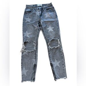 One x One Teaspoon Star Printed High Waist Distressed Skinny Jeans with Zippers